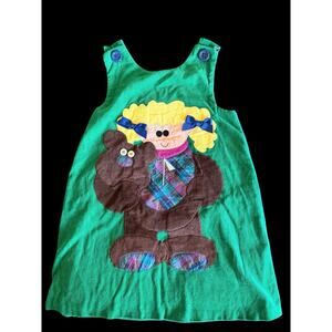 VTG Chocolate Soup Girls Green Corduroy Dress 6X Teddy Bear Appliqué Adorable